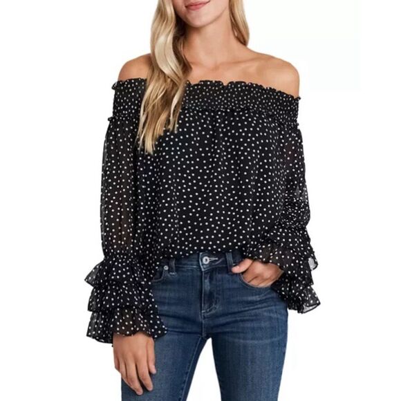 CECE NWT Black/White Dot Print Long Ruffle Sleeve Off Shoulder Chiffon Blouse L - Picture 13 of 13
